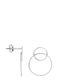 Silver ringörhängen med en dubbel ringdesign. En stor cirkel med en mindre ovanpå, tillverkad av polerat metall.