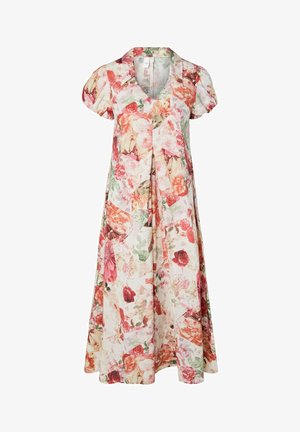 Robe midi fleurie avec manches courtes bouffantes, col en V et plis doux, présentant des motifs floraux roses, rouges et verts sur un fond clair.