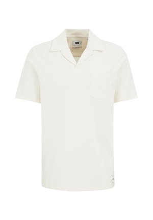 Lyhythihainen polo-paita off-white sävyssä, valmistettu sileästä kankaasta. Siinä on levenevä kaulus ja vasemmassa rinnassa tasku. Puhtaan yksinkertainen muotoilu ilman kuvioita.