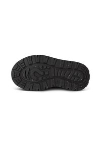 Black rubber shoe sole with deep treads, textured surface, and a central design feature. Includes embossed branding and size markings.