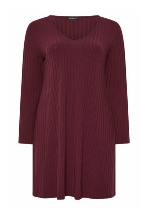 Vestido burdeos de canalé con escote en V y mangas largas. Fabricado en una tela suave, presenta un canalé horizontal que aporta textura y forma.