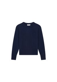 Donkerblauwe gebreide trui met een ronde halslijn. Voorzien van kleine decoratieve rhinestones die gelijkmatig over de voorkant zijn verdeeld. Lange mouwen met nauwsluitende manchetten.