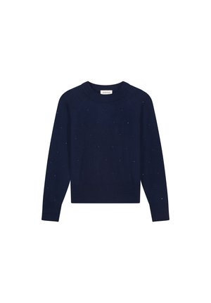 Donkerblauwe gebreide trui met een ronde halslijn. Voorzien van kleine decoratieve rhinestones die gelijkmatig over de voorkant zijn verdeeld. Lange mouwen met nauwsluitende manchetten.