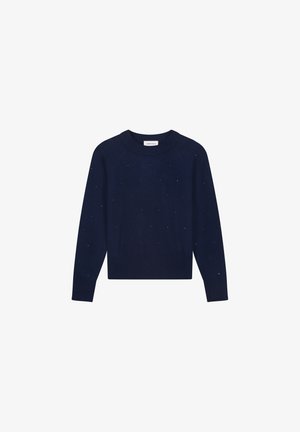 Marineblauem Strickpullover mit Rundhalsausschnitt. Verfügt über kleine dekorative Strasssteine, die gleichmäßig über die Vorderseite verteilt sind. Lange Ärmel, enganliegende Bündchen.