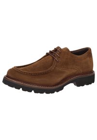 Scarpa in suede marrone con punta rotonda, dettagli cuciti e suola robusta. Presenta lacci marroni e tacco basso per stabilità.