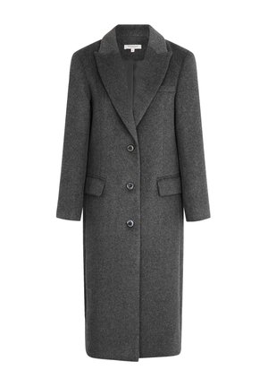 Manteau long gris en mélange de laine, avec un col à revers, quatre boutons, deux poches latérales et un design droit élégant.
