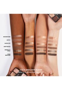 Mini oogschaduw palette swatches op vier armen tonen tinten in verschillende beige, bruine en zwarte tonen, gelabeld met namen ter referentie.