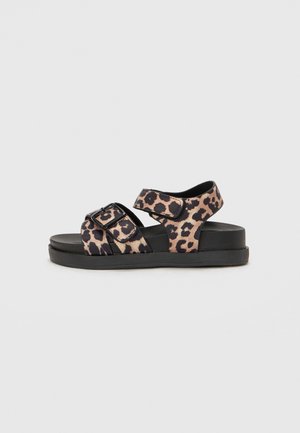 Leopard print sandals featuring adjustable straps, a black sole, and a flat design. Made from synthetic materials for durability.