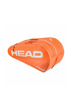 Borsa sportiva arancione brillante con più scomparti con cerniera e grande logo bianco "HEAD" sul lato.