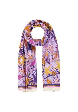 Écharpe légère avec un fond violet, présentant des étoiles de mer jaunes et orange, des coquillages et des motifs de feuilles tropicales.