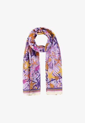 Écharpe légère avec un fond violet, présentant des étoiles de mer jaunes et orange, des coquillages et des motifs de feuilles tropicales.