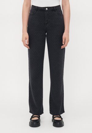 Black woven denim jeans with a subtle checker pattern, high waist, straight-leg cut, and standard button closure.
