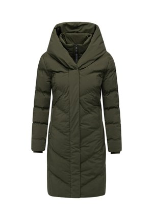 Gevoerde parka in donker olijfgroen met een strakke capuchon, lange mouwen en een ritsluiting aan de voorkant. Beschikt over een gewatteerd ontwerp en zijzakken.
