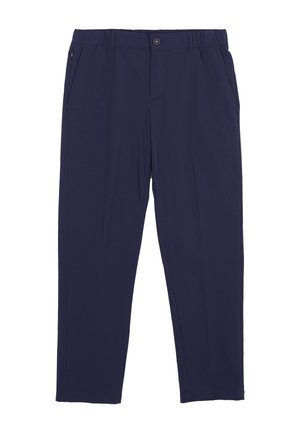 Granatowe spodnie szyte na miarę z zapięciem na guzik i zamek, bocznymi kieszeniami oraz prostymi nogawkami.