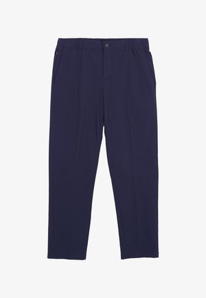 Pantaloni sartoriali blu navy con chiusura con bottone e zip, tasche laterali e design a gamba dritta.