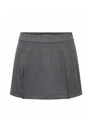 Mini-jupe à carreaux gris avec plis devant et taille ajustée, présentée sur fond blanc.