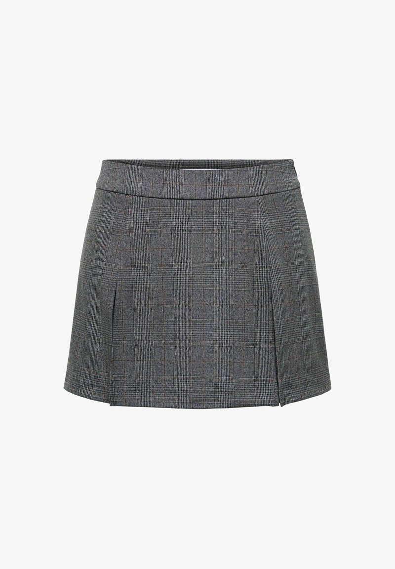 Mini-jupe à carreaux gris avec plis devant et taille ajustée, présentée sur fond blanc.