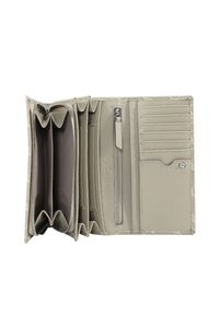 Portafoglio in pelle grigia chiara con più scomparti, una tasca con zip, slot per carte e una finitura strutturata. Aperto per una migliore visibilità nell'organizzazione.