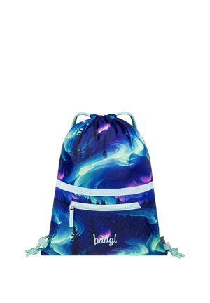 Drawstring backpack with northern lights and forest design, front zip pocket, and light blue straps.