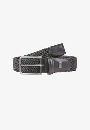 Cintura nera intrecciata con estremità in pelle liscia e fibbia rettangolare in metallo. La trama della cintura è intrecciata, offrendo flessibilità e comfort.