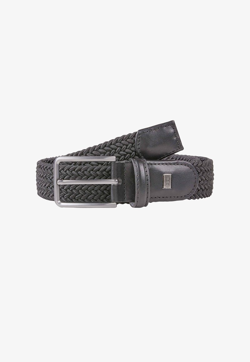 Schwarzer gewebter Gürtel mit einem glatten Lederende und einer rechteckigen Metallschnalle. Die Textur des Gürtels ist geflochten, was Flexibilität und Komfort bietet.