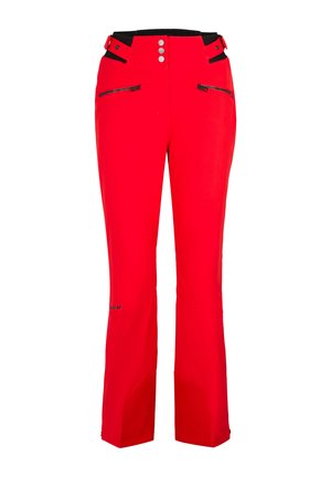 Red ski pants made of durable material, featuring a fitted waist, multiple zippered pockets, and a straight leg design. Black accents on pockets.