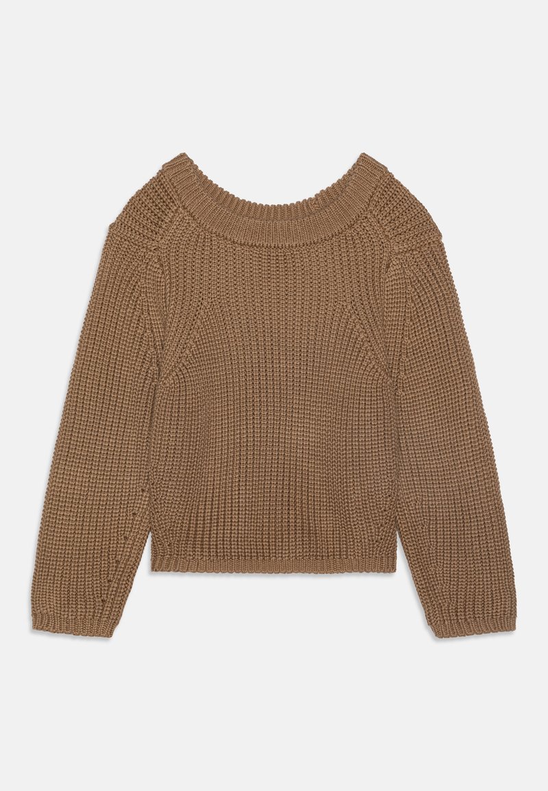 Καφέ πλεκτό πουλόβερ με φαρδύ στρογγυλό λαιμό, υφασματικό σχέδιο και μακριά μανίκια, διαθέτει ριμπ μανσέτες και στρίφωμα.