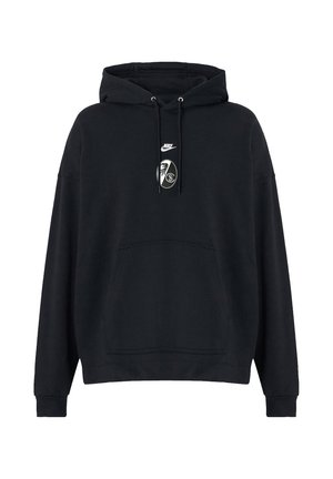 Sort Nike hoodie med forlomme, snøretrækshætte og hvidt rundt logo med en fugl og bogstaver på brystet.