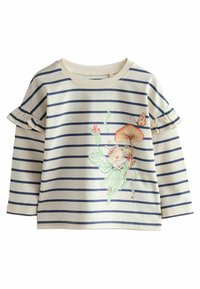 Chemise rayée à manches longues en crème et marine, présentant une illustration de fée, un champignon rose, des manches froncées et des accents floraux.