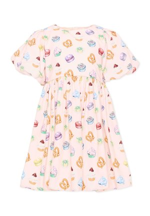 Vestito rosa chiaro con maniche a sbuffo e motivo di cupcake colorati, pretzel, macarons e piccoli fiori.