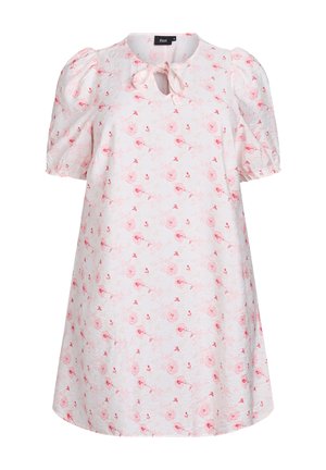 Hvid kjole med lyserødt blomstertryk, korte pufærmer og en bindedetalje ved halsudskæringen. Lavet af letvægtsstof, har en løs pasform.