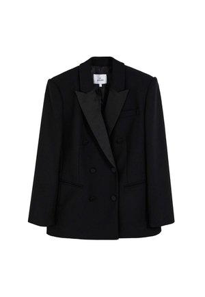 Blazer negro de doble botonadura con solapas de satén, que cuenta con dos bolsillos frontales y hombros estructurados, hecho de tela suave.