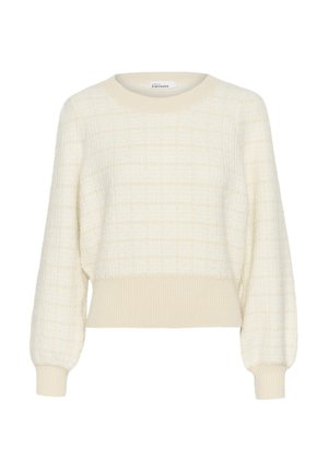 Cremefarvet sweater med et tekstureret, ternet mønster, rillet halsudskæring og manchetter samt en boxy pasform. Lavet af blødt, varmt materiale.
