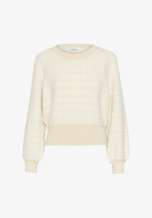 Cremefarvet sweater med et tekstureret, ternet mønster, rillet halsudskæring og manchetter samt en boxy pasform. Lavet af blødt, varmt materiale.