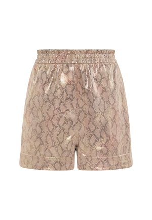 Metaliniai smėliniai šortai su gyvatės rašto piešiniu, elastinga juosta ir glotnia tekstūra. Yra šiek tiek blizgus paviršius ir sulankstyti kraštai.