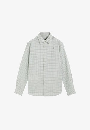 Camisa de manga larga con botones en un patrón de cuadros verdes y blancos, de algodón, con cuello y un pequeño logo en el pecho izquierdo.