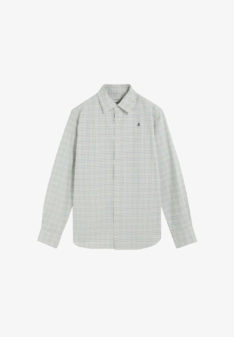 Camisa de manga larga con botones en un patrón de cuadros verdes y blancos, de algodón, con cuello y un pequeño logo en el pecho izquierdo.