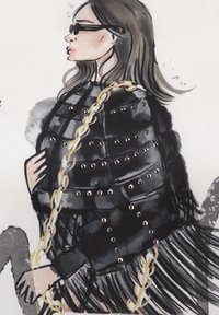 Black fur coat with studded accents, featuring a bold yellow chain. Illustrated profile view with long brown hair and dark sunglasses.