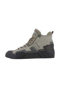 High-top sneakers with a khaki canvas upper, black rubber accents, and textured sole. Features lace-up design and reinforced toe cap.