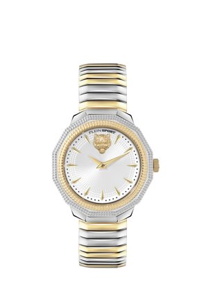 Montre-bracelet en argent et or avec lunette octogonale, cadran blanc, index dorés, aiguilles dorées et détail tête de tigre dorée sous la position de 12 heures.