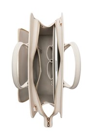 Cream leather handbag with gold zipper hardware, featuring multiple interior pockets and two handles for easy carrying.