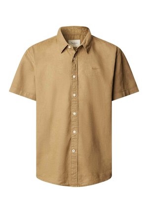 Beżowa koszula na krótki rękaw z kołnierzykiem, białe guziki z przodu oraz subtelne haftowane logo na lewej piersi.