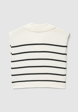 Top smanicato in maglia color crema con strisce orizzontali nere, caratterizzato da un design aderente e un collo alto a girocollo. Texture morbida, stile minimalista.