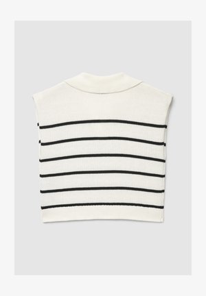 Ärmelloses Strickoberteil in Creme mit horizontalen schwarzen Streifen, mit figurbetontem Schnitt und Stehkragen. Weiche Textur, minimalistisch im Stil.