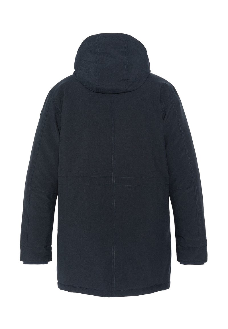 Veste isolante bleu marine avec capuche, à coupe droite, accentuée de coutures, et à manches longues, conçue pour la chaleur et le confort.