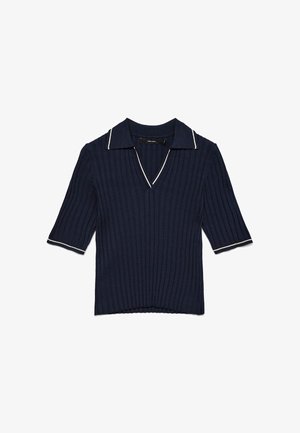 Marineblaues, kurzärmeliges, geripptes Poloshirt mit weißem Besatz am Kragen und an den Ärmelabschlüssen, mit V-Ausschnitt.