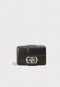 Black leather handbag with quilted design, silver chain strap, and a prominent silver "AX" logo on the front. Compact rectangular shape.