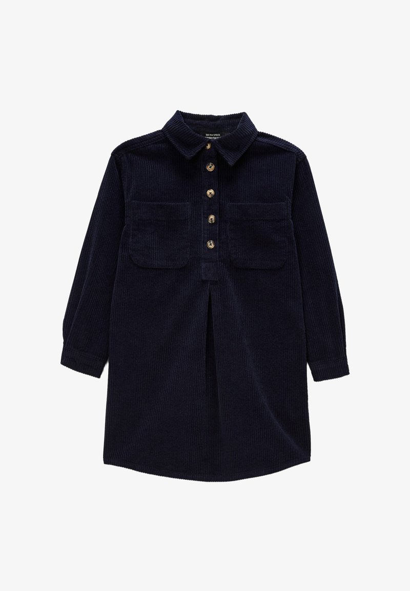 Robe chemise en velours côtelé bleu marine à manches longues, avec un col, cinq boutons sur le devant et deux poches plaquées sur la poitrine.