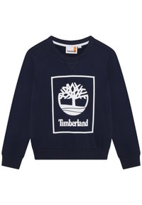Felpa blu navy in misto cotone, con un grande logo bianco Timberland e design di albero sul davanti. Polsini e scollatura a costine.