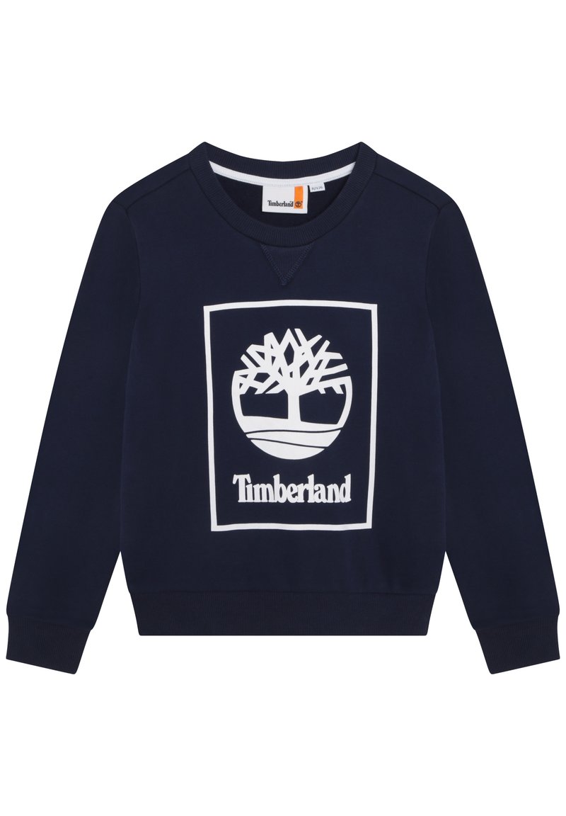 Felpa blu navy in misto cotone, con un grande logo bianco Timberland e design di albero sul davanti. Polsini e scollatura a costine.